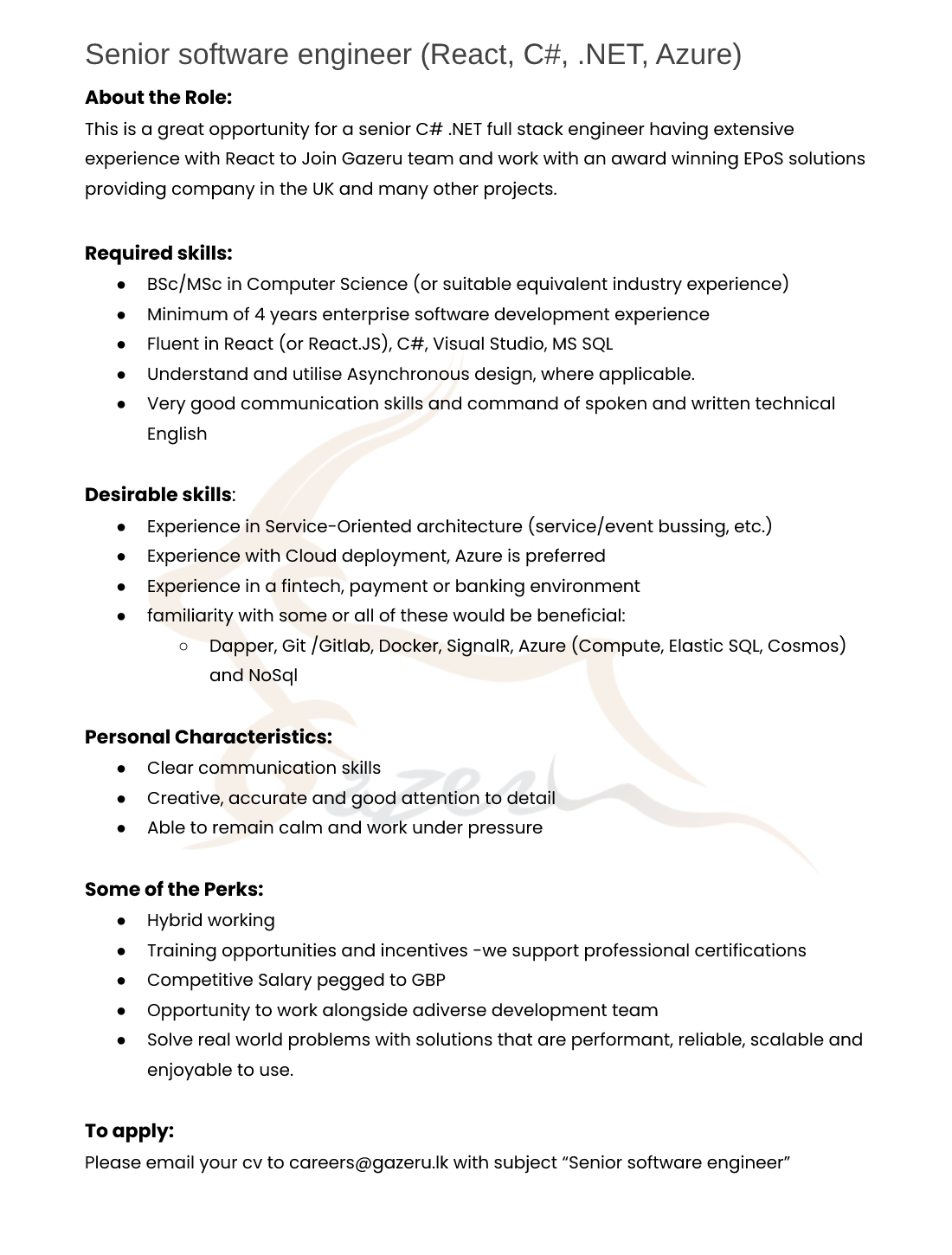 Senior software engineer vacancy (React, C#, .NET, Azure)